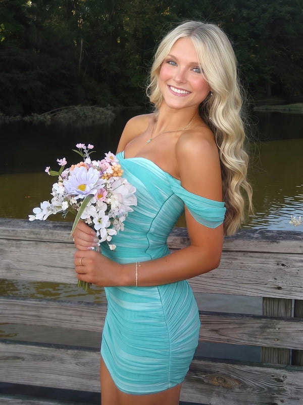Aqua Pink Off The Shoulder Tulle Short Homecoming Dresses (2) | KISSPROM