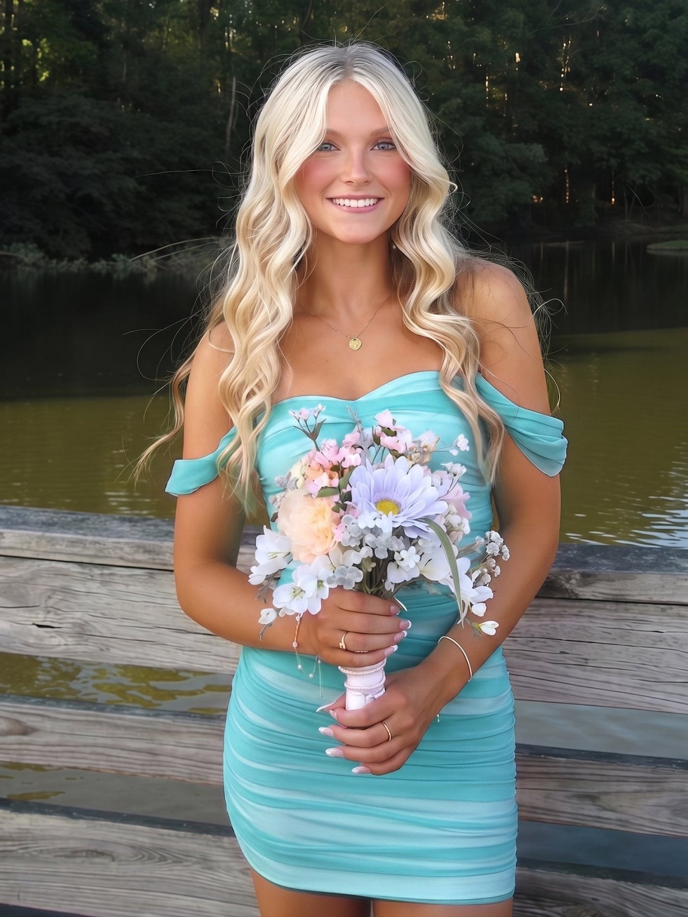 KissProm Pink Off The Shoulder Tulle Short Homecoming Dresses, Mint Green / 6