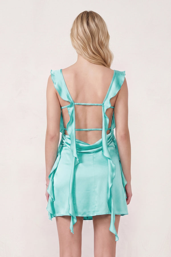 Aqua Ruffled Sheath Square Neck Satin Ruched Homecoming Dress (2) | KISSPROM