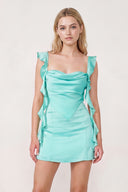 Aqua Ruffled Sheath Square Neck Satin Ruched Homecoming Dress | KISSPROM