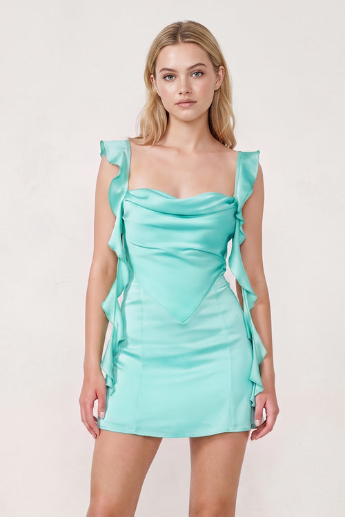 Aqua Ruffled Sheath Square Neck Satin Ruched Homecoming Dress | KISSPROM