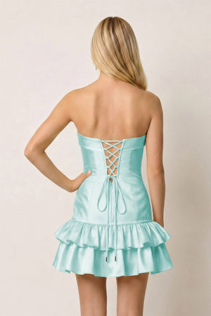 Aqua Ruffled Strapless Tiered A-Line Satin Homecoming Dress -KISSPROM