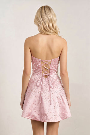 Pink Satin A-Line Strapless Pearl Short Homecoming Dress | KISSPROM