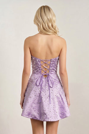 Lavender Satin A-Line Strapless Pearl Short Homecoming Dress (3) | KISSPROM