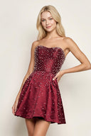 Burgundy Satin A-Line Strapless Pearl Short Homecoming Dress | KISSPROM