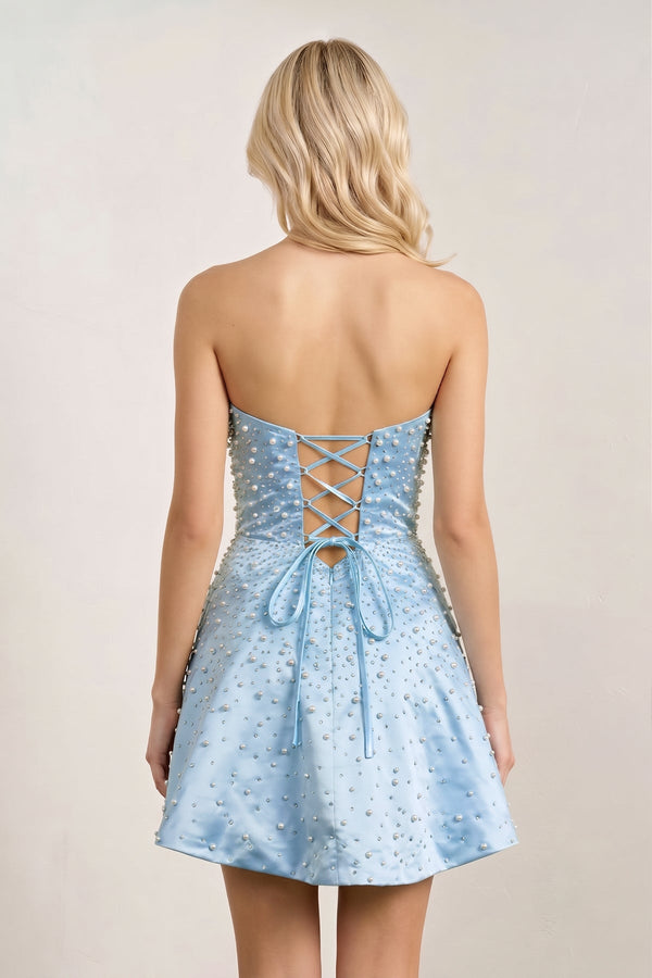 Sky Blue Satin A-Line Strapless Pearl Short Homecoming Dress | KISSPROM
