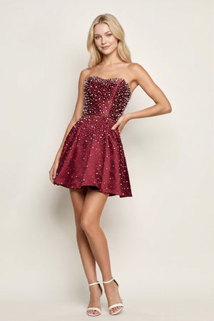 Burgundy Satin A-Line Strapless Pearl Short Homecoming Dress (2) | KISSPROM