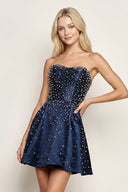 Navy Blue Satin A-Line Strapless Pearl Short Homecoming Dress | KISSPROM