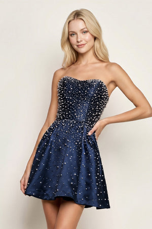 Navy Blue Satin A-Line Strapless Pearl Short Homecoming Dress | KISSPROM