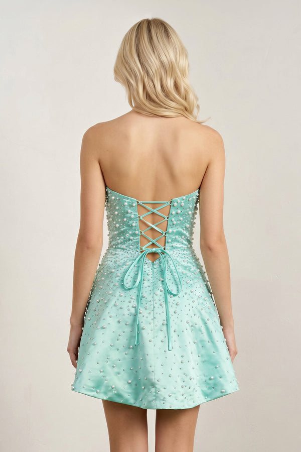 Aqua Satin A-Line Strapless Pearl Short Homecoming Dress
