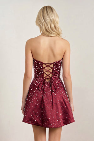 Burgundy Satin A-Line Strapless Pearl Short Homecoming Dress (3) | KISSPROM