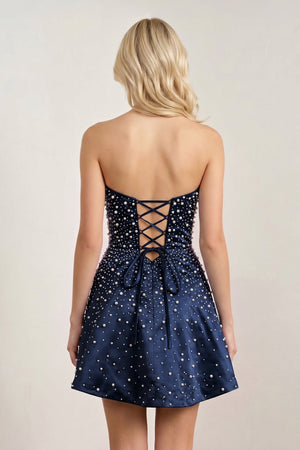 Navy Blue Satin A-Line Strapless Pearl Short Homecoming Dress (3) | KISSPROM