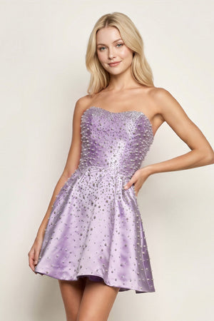 Lavender Satin A-Line Strapless Pearl Short Homecoming Dress | KISSPROM