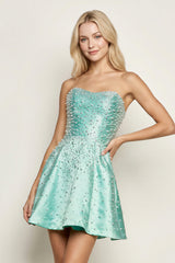 Aqua Satin A-Line Strapless Pearl Short Homecoming Dress