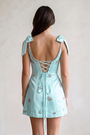 Aqua Scoop Neck A-Line Satin Beaded Homecoming Dress with Bow (2) | KISSPROM