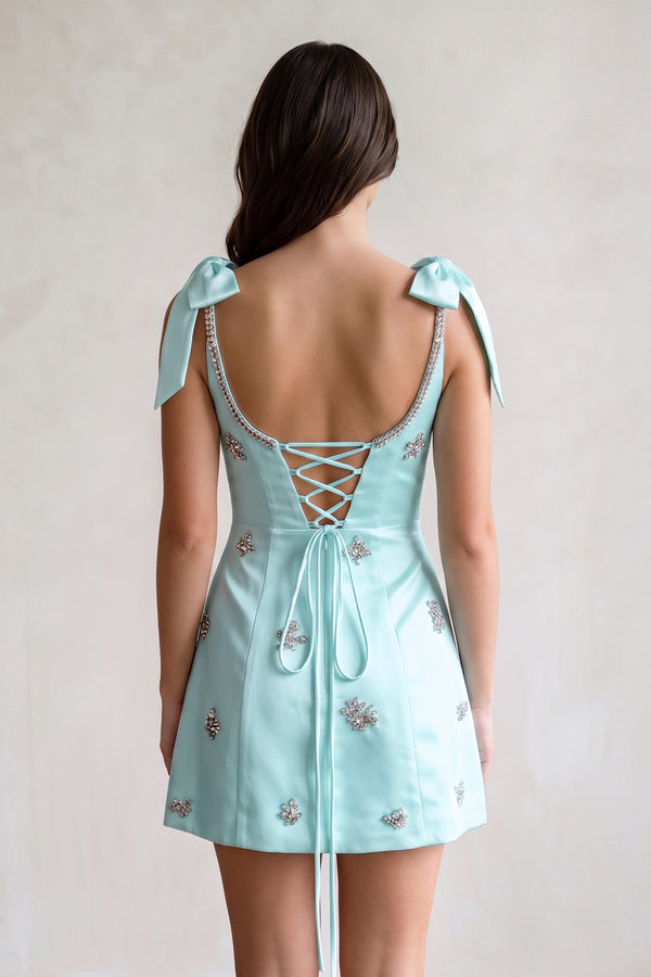 Aqua Scoop Neck A-Line Satin Beaded Homecoming Dress with Bow (2) | KISSPROM