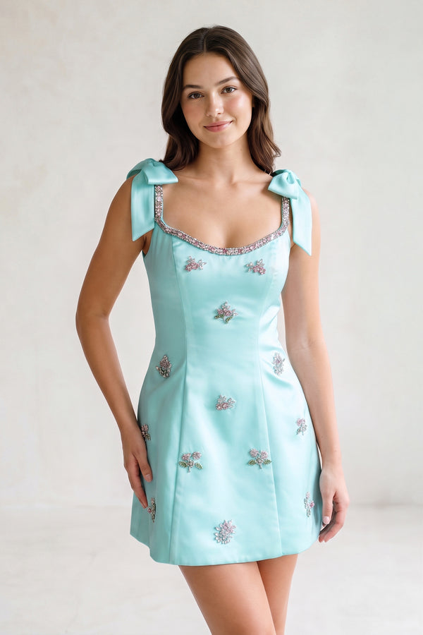 Aqua Scoop Neck A-Line Satin Beaded Homecoming Dress with Bow | KISSPROM