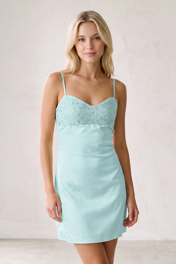 Aqua Spaghetti Straps Sheath Rhinestones Satin Homecoming Dress with Tie Back (3) | KISSPROM