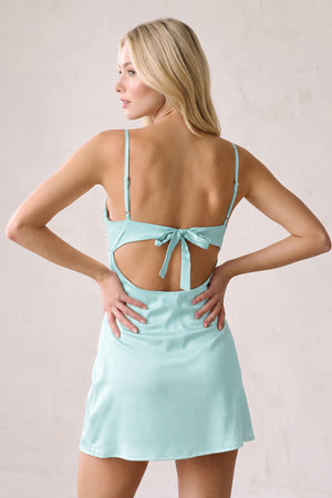 Aqua Spaghetti Straps Sheath Rhinestones Satin Homecoming Dress with Tie Back (4) | KISSPROM
