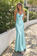 Aqua Spaghetti Straps Sheath Satin Backless Long Formal Prom Dresses With Flower | KISSPROM