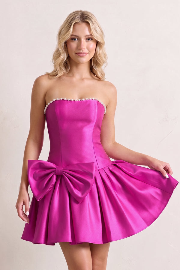 Fuchsia Strapless A-Line Satin Ruched Bow Homecoming Dress With Pearl - KissProm