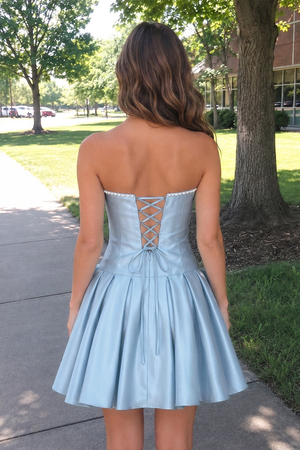 Sky Blue Strapless A-Line Satin Ruched Bow Homecoming Dress With Pearl - KissProm