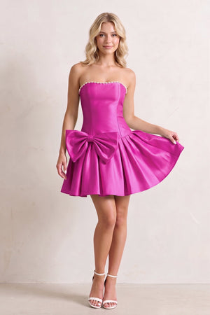 Fuchsia Strapless A-Line Satin Ruched Bow Homecoming Dress With Pearl - KissProm