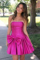 Fuchsia Strapless A-Line Satin Ruched Bow Homecoming Dress With Pearl - KissProm