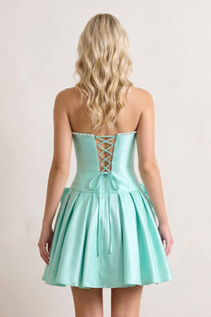Aqua Strapless A-Line Satin Ruched Bow Homecoming Dress With Pearl - KissProm