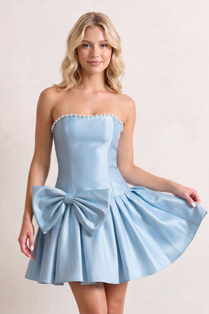 Sky Blue Strapless A-Line Satin Ruched Bow Homecoming Dress With Pearl - KissProm