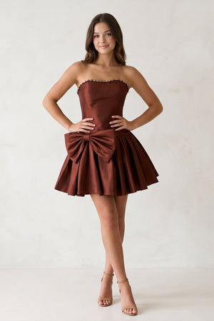 Brown Strapless A-Line Satin Ruched Bow Homecoming Dress With Pearl - KissProm