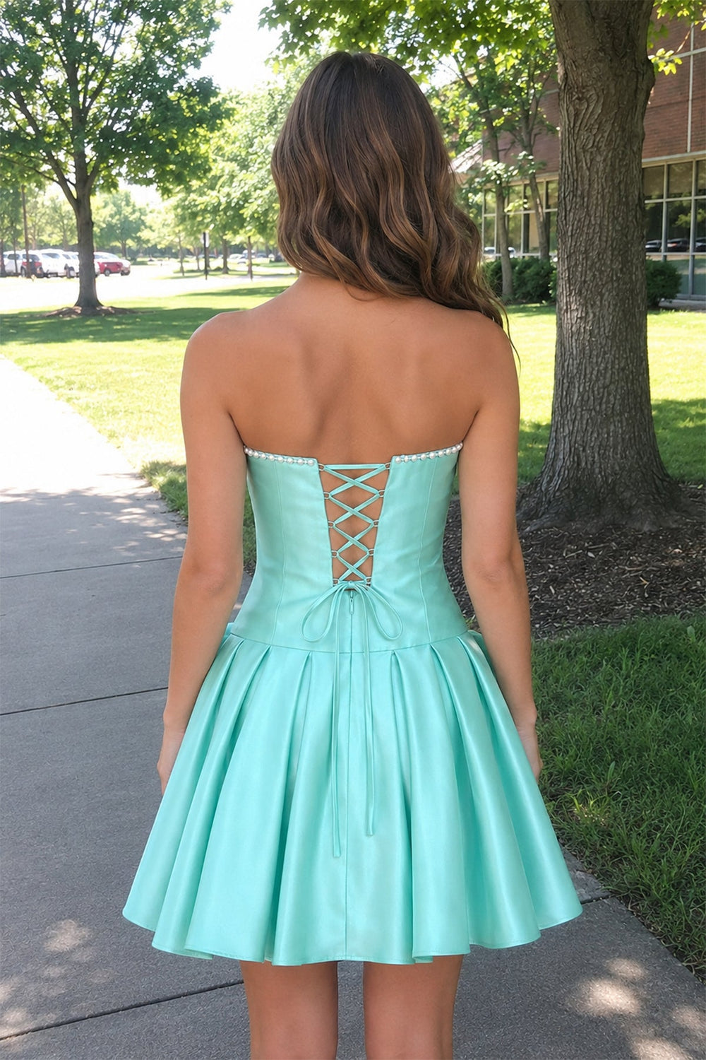 Aqua Strapless A-Line Satin Ruched Bow Homecoming Dress With Pearl - KissProm