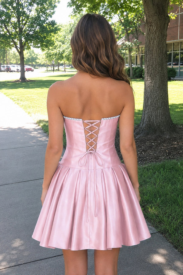 Pink Strapless A-Line Satin Ruched Bow Homecoming Dress With Pearl - KISSPROM