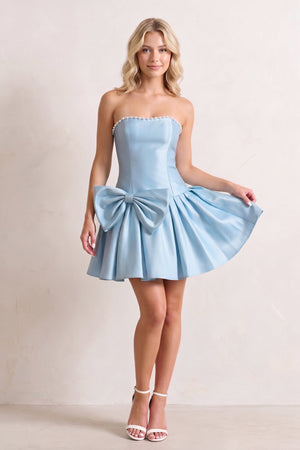 Sky Blue Strapless A-Line Satin Ruched Bow Homecoming Dress With Pearl - KissProm