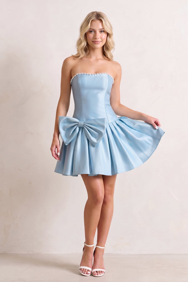 Sky Blue Strapless A-Line Satin Ruched Bow Homecoming Dress With Pearl - KissProm