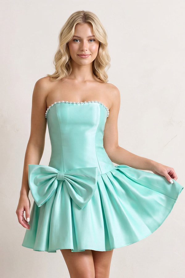 Aqua Strapless A-Line Satin Ruched Bow Homecoming Dress With Pearl - KissProm