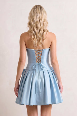 Sky Blue Strapless A-Line Satin Ruched Bow Homecoming Dress With Pearl - KissProm