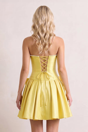Yellow Strapless A-Line Satin Ruched Bow Homecoming Dress With Pearl - KissProm