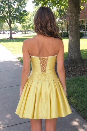 Yellow Strapless A-Line Satin Ruched Bow Homecoming Dress With Pearl - KissProm