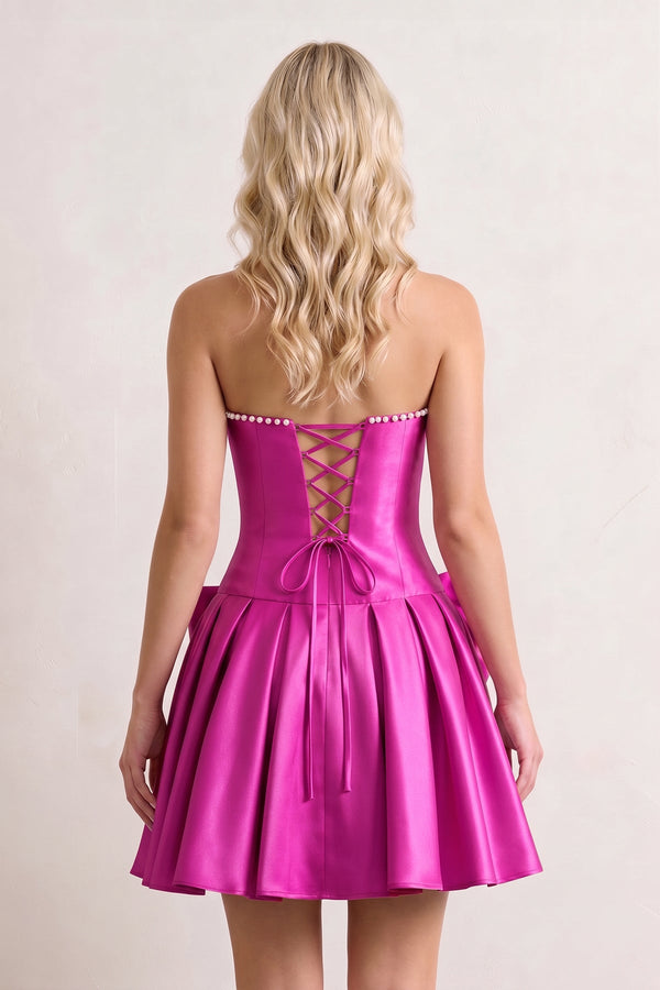 Fuchsia Strapless A-Line Satin Ruched Bow Homecoming Dress With Pearl - KissProm