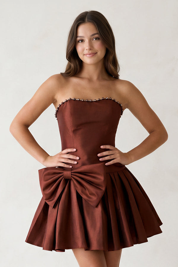 Brown Strapless A-Line Satin Ruched Bow Homecoming Dress With Pearl - KissProm