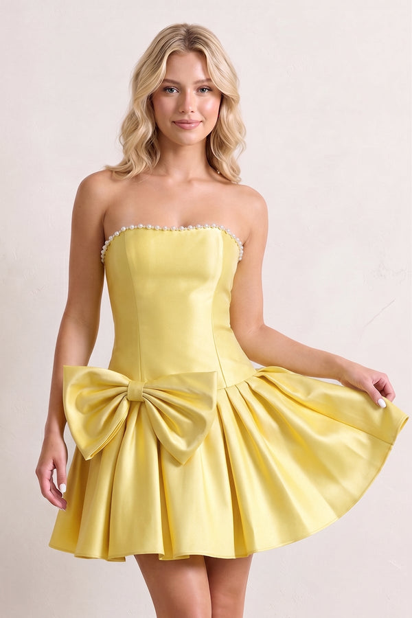 Yellow Strapless A-Line Satin Ruched Bow Homecoming Dress With Pearl - KissProm