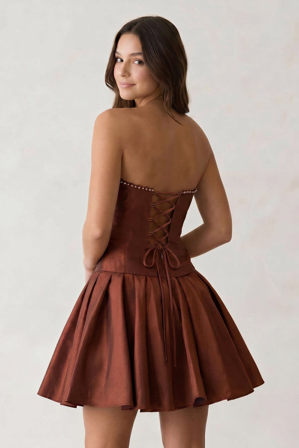 Brown Strapless A-Line Satin Ruched Bow Homecoming Dress With Pearl - KissProm