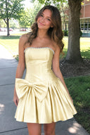 Gold Strapless A-Line Satin Ruched Bow Homecoming Dress With Pearl - KISSPROM