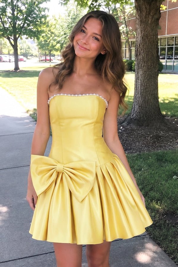 Yellow Strapless A-Line Satin Ruched Bow Homecoming Dress With Pearl - KissProm