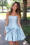 Sky Blue Strapless A-Line Satin Ruched Bow Homecoming Dress With Pearl - KissProm