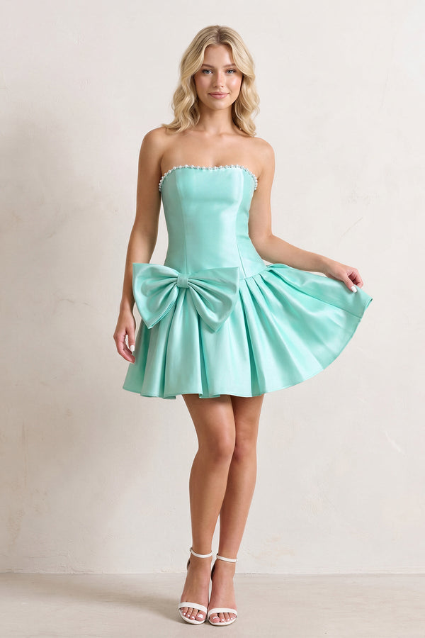 Aqua Strapless A-Line Satin Ruched Bow Homecoming Dress With Pearl - KissProm