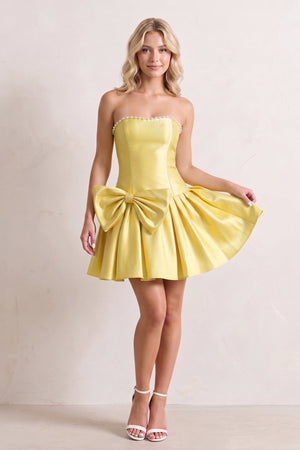 Yellow Strapless A-Line Satin Ruched Bow Homecoming Dress With Pearl - KissProm
