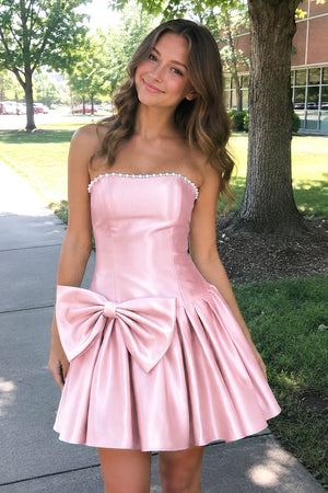 Pink Strapless A-Line Satin Ruched Bow Homecoming Dress With Pearl - KISSPROM