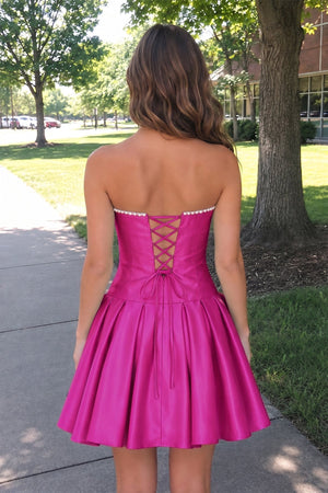 Fuchsia Strapless A-Line Satin Ruched Bow Homecoming Dress With Pearl - KissProm